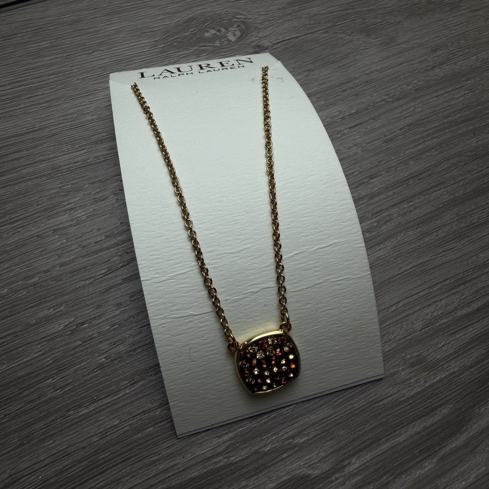 Lauren Ralph Lauren Gold-Tone Smokey Brown Pave Cushion Pendant Necklace 18" New